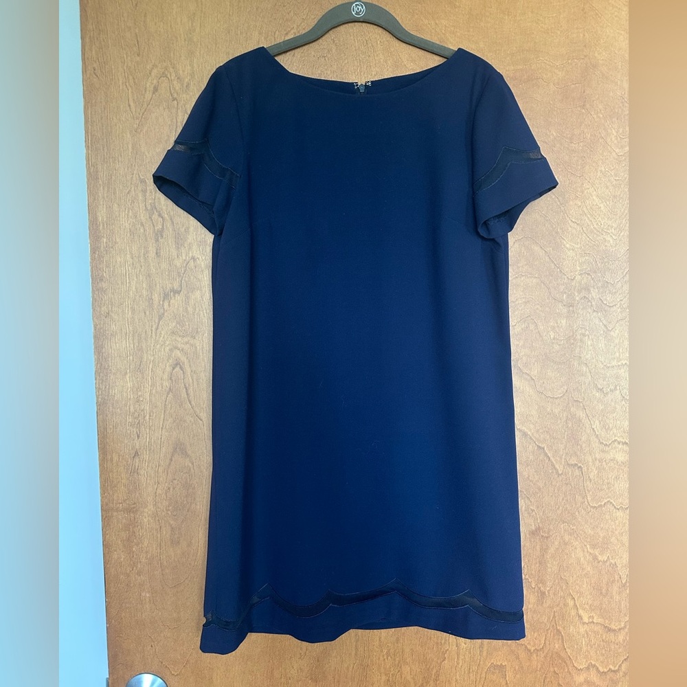 Tahari ASL Navy Blue Sheath Dress Short Sleeve Bateau Neckline